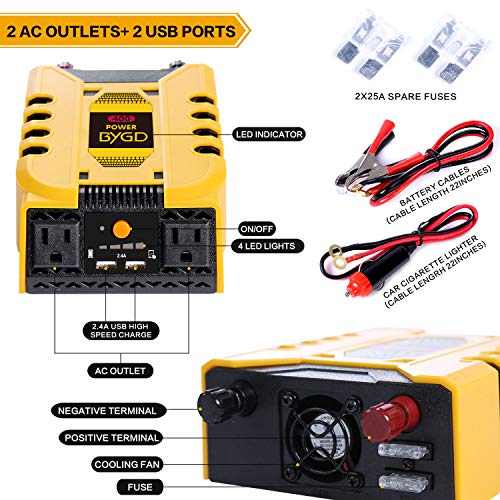 BYGD Car Power Inverter 400W 12V DC to 110V AC Converter with 2 Outlets and Dual 2.4A USB Ports Fast Car Charger Adapter(400W) - Thumbnail 2