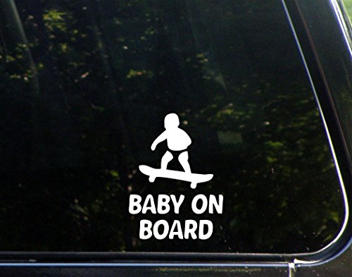 Baby On Board - Skateboard - 3 3/4"x 5" - Vinyl Die Cut Decal / Bumper Sticker For Windows, Trucks, Cars, Laptops, Macbooks, Etc.