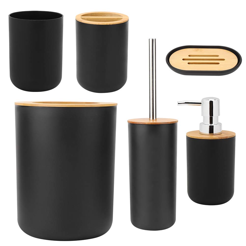 Bathroom & Sink Accessory Set with Bamboo Trim Modern Vanity Organiser Kit Include Tumbler, Toothbrush & Toilet Brush Holder, Lotion Dispenser, Soap Dish & Trash Bin Accessories Kit 6Pcs/Set (Black)