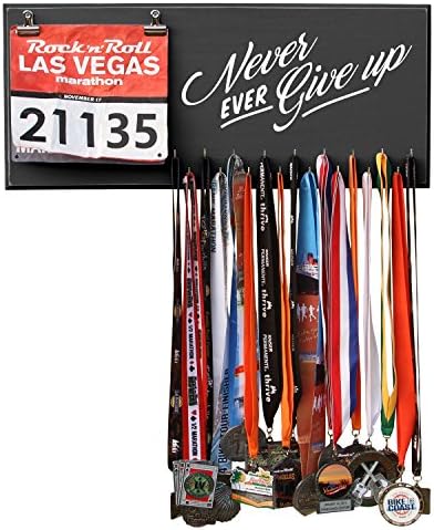 Runrilla Race Medal and Bib Hanger -Never Ever Give Up - Black - 17 Hooks