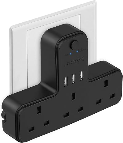 JSVER UK 3 Way Plug Adaptor with 3 USB Ports 5V 2.4A Surge 13A Black