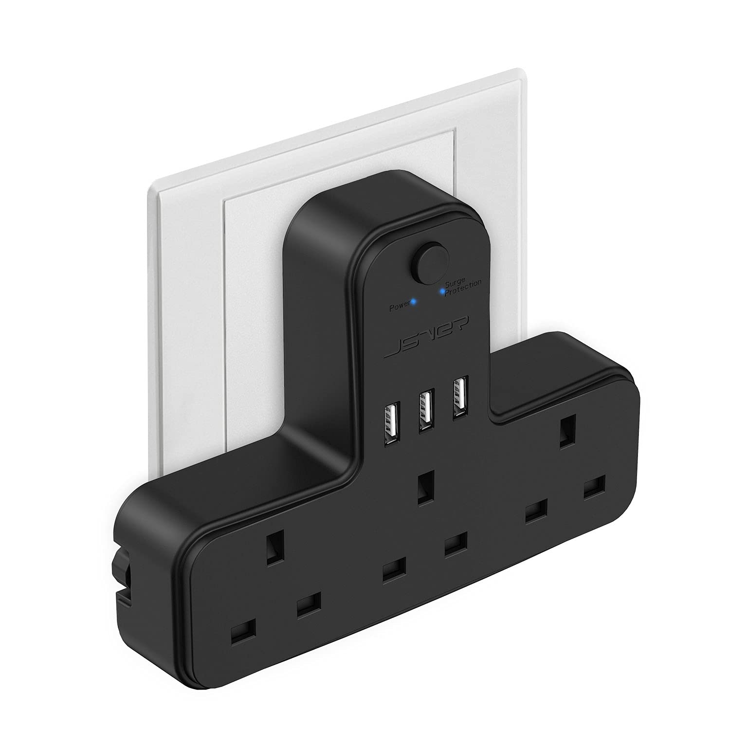 Plug Adaptor UK 3 Way, JSVER Plugs Extension Sockets with 3 USB Slots(5V/2.4A) Wall Socket Extension 13A for Home, Office, Kitchen,Black