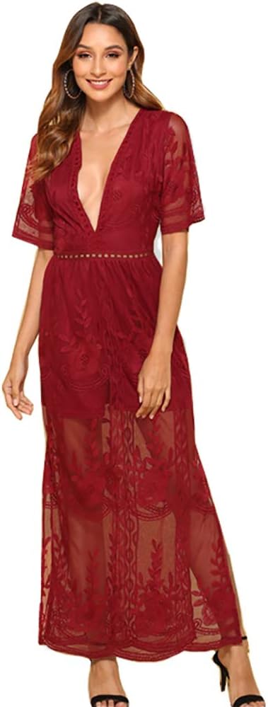 women's deep v neck lace romper short sleeve long dress Womens Sexy Low neckline meets a lace Orange Formal Dresses & COTTON DRESSES Size:SM7/8
