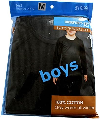 Comfort Fit Winter Boy's Warm Thermal 100% Cotton 2 PCS Set Black Size M