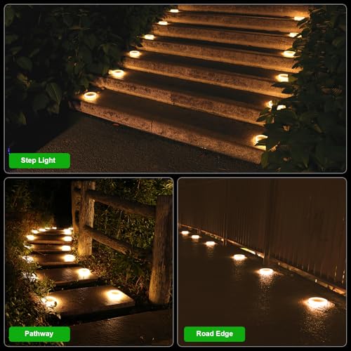YiLaie Twilight Solar Lights Outdoor Garden 24 LEDs, 11 cm Solar Beacon Circular Floor Adhesive Lighting 360°, IP68 Waterproof for Path, Parking, Stairs, Sidewalk, Warm White (4 Pack)