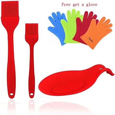 NeeJee Silicone Heat Resistant Kitchen Tool BBQ Basting Oil Brush with Spoon Fork Mat（2 Brush，1 Spoon Rest and 1 Pcs Glover）