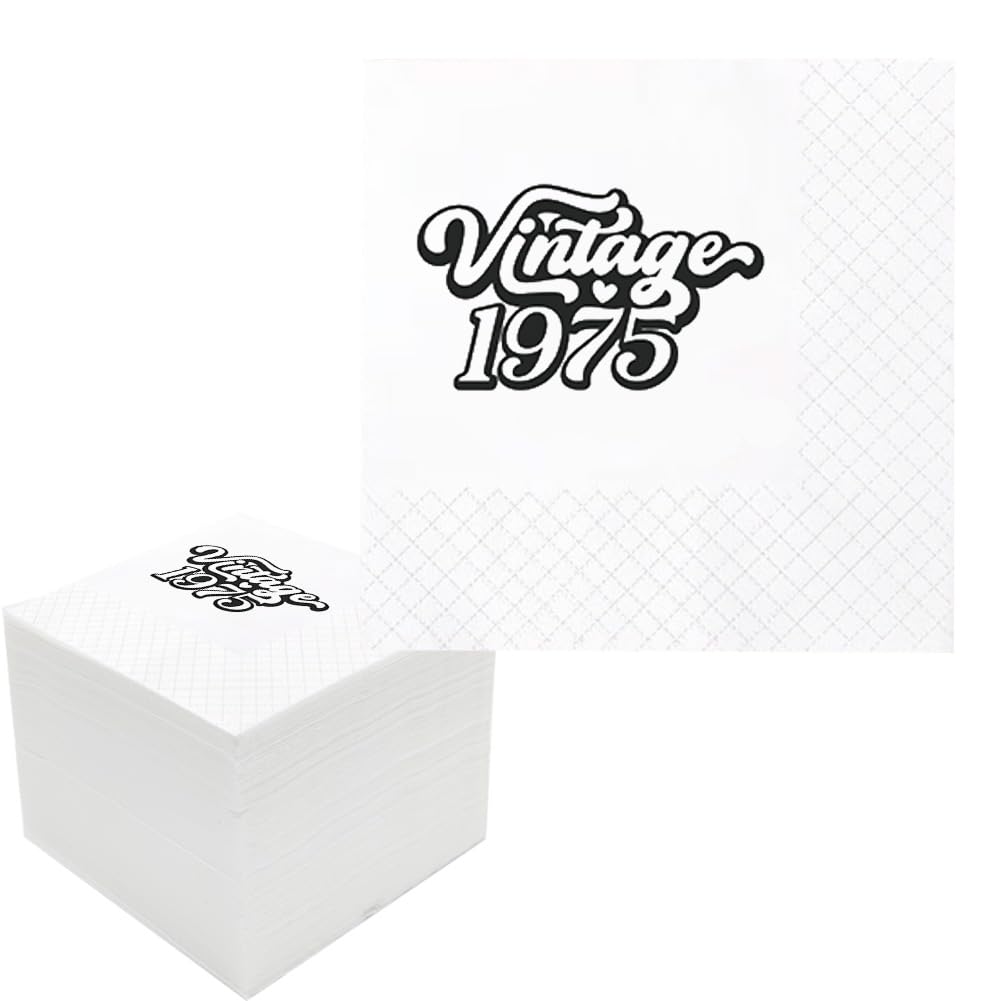 Photo 1 of 100 Pack Black Vintage 1975 50th Birthday Paper Cocktail Beverage Napkins in Bulk for His Her Fifty 50th Birthday 2-Ply, 4.5x4.5" (Vintage 1975)