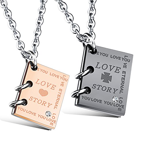 COCO Park Couple Promise Jewelry Stainless Steel Love Story Book Crystal Pendant Necklace, Wedding Gift