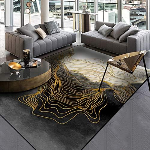 GOODJIA Carpet Designer Rug Living Room Shaggy Rugs 7MM Abstract Black Ink Gold Line Large Mountain Runner Rugs for Bedroom Nursery Dining Room Hallway Kitchen 160x230CM