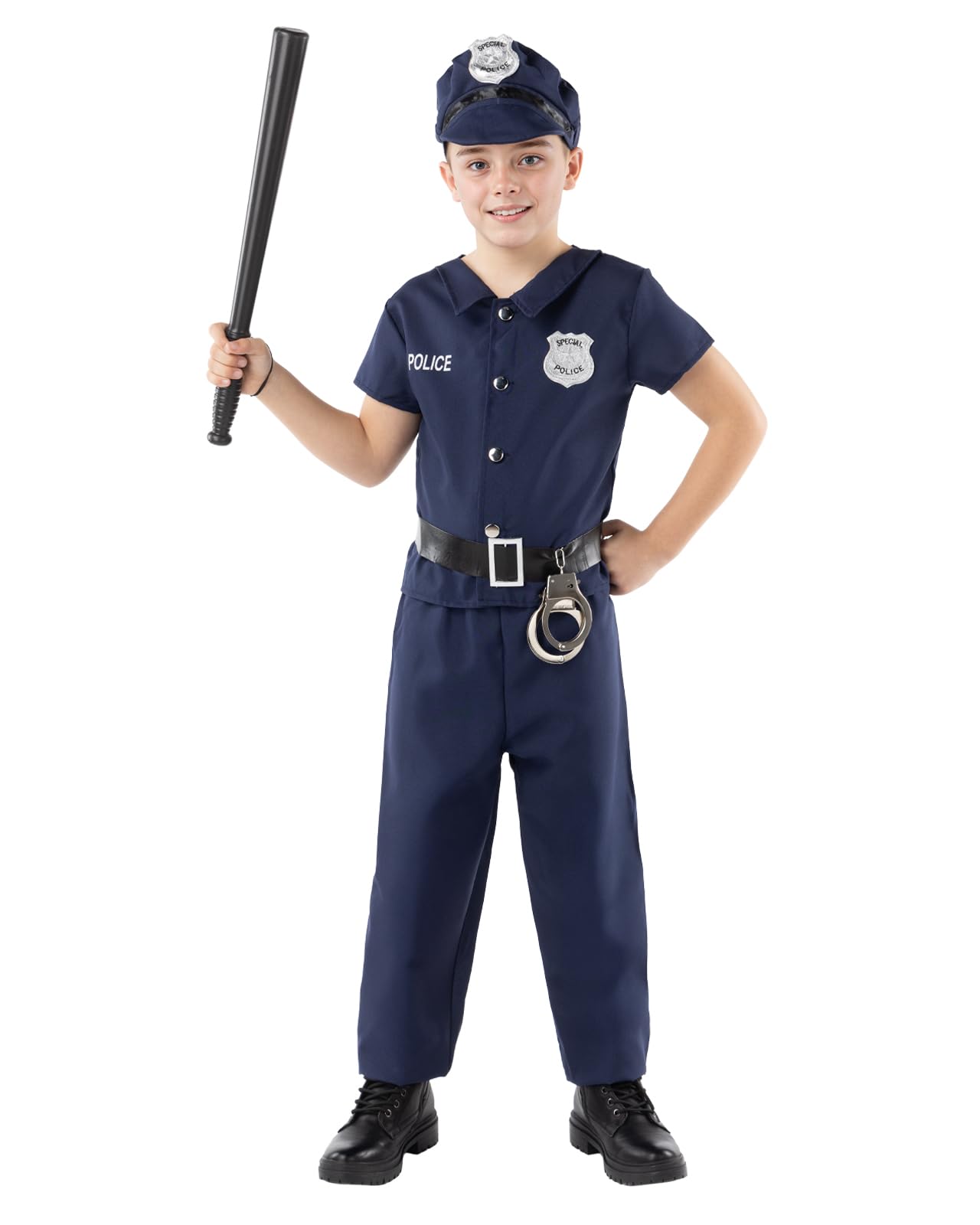 Funidelia Police Costume for Boy, includes T-shirt, pants, belt and cap, Agent Fancy dress for Kids, Carnival, Halloween and Farewell Costumes - Size 3-4 years