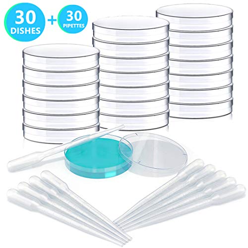 30 PCS Petri Dish Set with Lids - 90mm x 15mm - Vented - Plastic, Sterile Petri Dishes with 30 Plastic Transfer Pipettes (3mm) - Perfect Kit for School Science Fair Project and Party