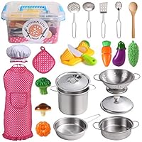 Juboury Kitchen Pretend Play Toys with Stainless Steel Cookware Pots and Pans Set, Cooking Utensils, Apron & Chef Hat, Cutting Vegetables for Kids, Girls, Boys, Toddlers