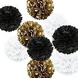 Fonder Mols 9pcs Mixed Sizes 8'' 10'' 14'' Metallic Gold Black White Tissue Paper Pom Poms Decorative Graduation Party Hanging Decor Favor