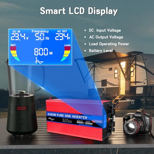 ETREPOW Inverter 6000 W 24 V 220 V Pure Sine Wave Transformer with 2 EU Sockets and a USB, Wireless Remote Control and LCD Display – Peak 12000 W