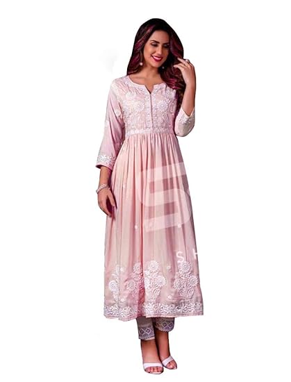S Rayon Pink Embroidery Kurti for Women's with Pencil Palazzo Pants