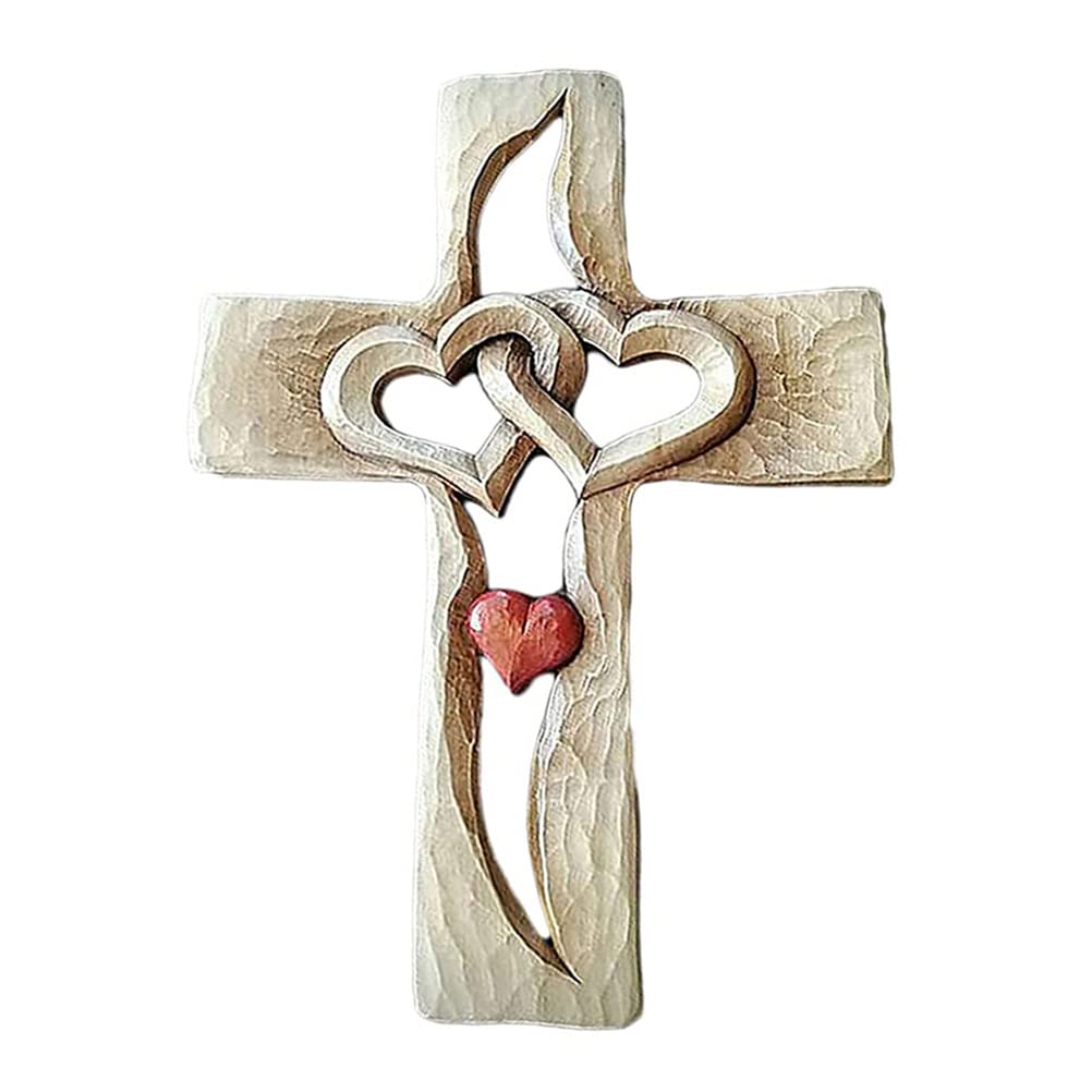 Enkomy Crucifix Wall Cross Home Decor, Carved Wooden Cross Interwoven Hearts, Hand Carved Wooden Cross, Hanging Couple Family Wall Decor