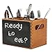 4 Compartment Rustic Brown Wood Utensil Storage Caddy with Chalkboard Front Panel and Cut-Out Handles