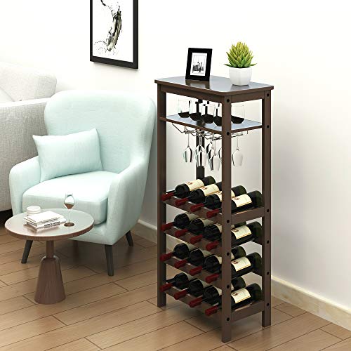 URFORESTIC Bamboo Wine Rack Free Standing Wine Holder Display Shelves with Glass Holder Rack, 16 Bottles Stackable Capacity for Home Kitchen (Retro...)