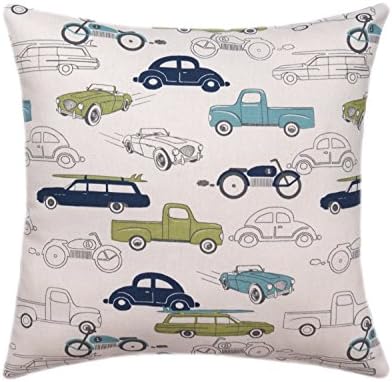 Cars Euro Pillow sham Throw Pillow Cover , Cushion, Accent Pillow, Euro Sham, - 26" x 26" Retro vintage Cars. large square pillow sham. Natural , green , blue Twill Premier Prints. SALE.