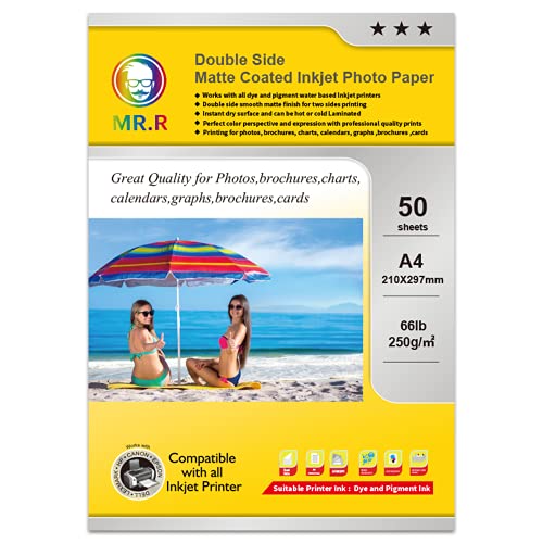 MR.R Double Sided Matte Photo Paper 250gsm A4 210 x 297mm Pack of 50 Sheets for Inkjet Printers Suitable for Greeting Card,Calender,Photo,Art,meun Printing