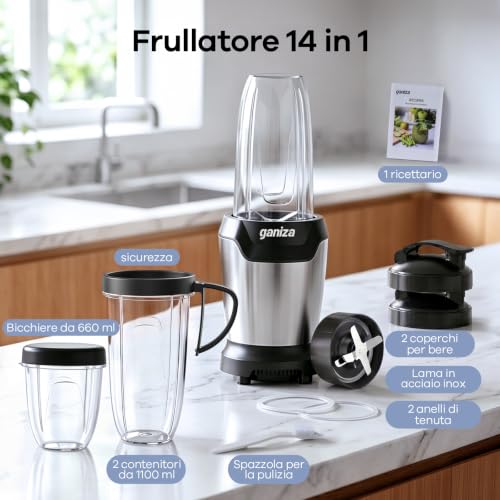 Ganiza Blender 1300W with 3 Portable Cups (2 x 1100ml & 1 x 660ml) Six Stainless Steel Blades, BPA Free, Easy to Clean, Electric Blender for Milkshake and Ice Crusher