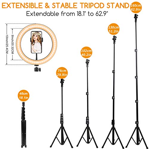 10”Selfie Ring Light with Tripod Stand & Cell Phone Holder with 3 Light Modes & 10 Brightness Level for Streaming Makeup Photography Zoom Wed Conferencing, Live Stream and YouTube Video