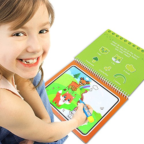 Jenilily Magic Water Drawing Book Coloring Book Doodle with Magic Pen Painting Board for Children Education Drawing Toy (F Cartoon Animal)