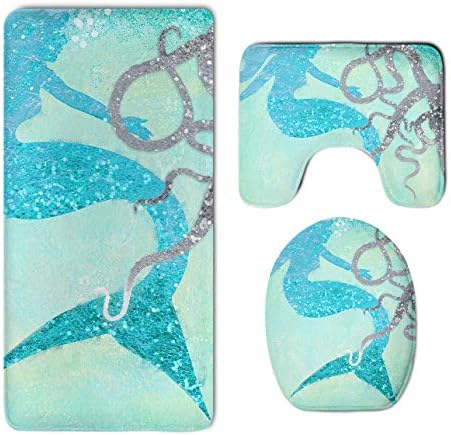Beautiful Mermaid Octopus Turquoise Sea Art - Skidproof Toilet Seat U Shape Cover Bath Mat Lid Cover 3 Piece Non Slip Bath Rug Mats Sets for Shower SPA