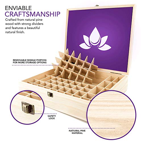 Essential Oil Wooden Box - Oils Storage Case Holds 68 Bottles & Roller Balls. Natural Pine Wood. Large Organizer Best for Keeping Your Oils Safe. Includes Padding and EO Labels