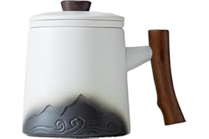 YUMUE Japanese Design Tea Cup with Infuser and Lid, Black & Blue Tea Mug for Loose Leaf Steeper, Wood Handle for Hot Tea Diff