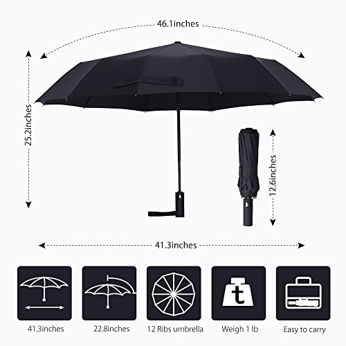 Bodyguard 12 Ribs Windproof Travel Umbrella with Teflon Canopy, Lengthened Handle with Auto Open Close Button, Compact Protection from Rain, Free Upscale Leather Cover - Thumbnail 5