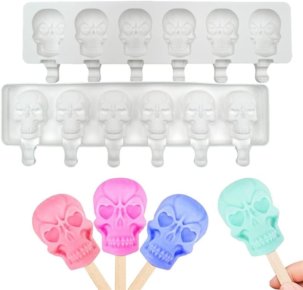 Photo 1 of 1 Pack Halloween Cute Skull Shape Popsicle Molds Silicone Ice Pop Molds 6 Cavities Popsicle Molds for Kids Adults Ice Cream Mold Cakesicles Mould DIY Popsicle Maker Homemade Popsicle Silicone Molds B