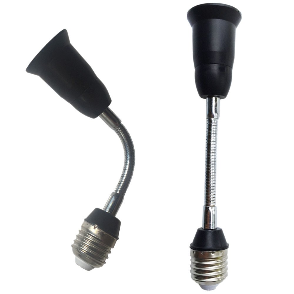DZYDZR 2-Pack 19cm E27 to E27 Extender Flexible Gooseneck Extension E26 Lamp Holder Adapter for LED Light Bulb (Black)