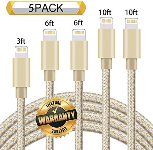 GUIGUI iPhone Charger 5Pack 3FT 6FT 6FT 10FT 10FT, Extra Long Nylon Braided Charging Cord Lightning Cable to USB Charger for iPhone X, 8, 7, 7 Plus, 6S, 6, SE, 5S, 5, iPad, iPod Nano 7 (Gold)