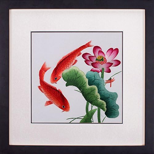 SILK ART Pure Handmade Embroidery Contemporary Artwork Hanging Wall Decoration Painting Art Decor Fashion Picture Gallery Personality Space Gold Fish in Lotus framed SY009B
