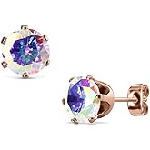 Rose Gold Plated Surgical Steel CZ Simulated Diamond Stud Earrings, 3mm-8mm