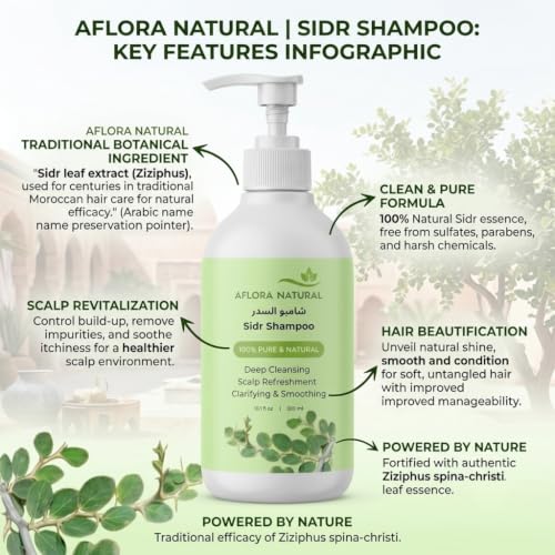 Aflora Natural Sidr Shampoo, with Pure Sidr Extract, for Thick-Looking, Radiant & Smooth Hair, Scalp Refresh, 300ml