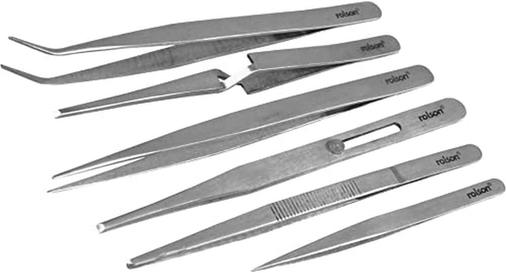Rolson 59104 6 Piece Stainless Steel Tweezers Set Industrial Hobby 160mm 120mm