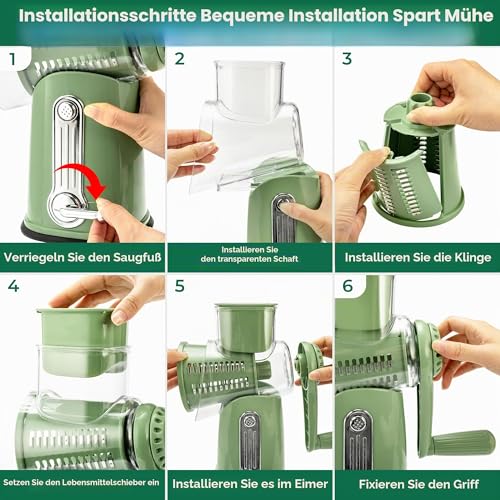 SUSTEAS Cheese Grater with Crank - Grater for Vegetables with 5 Drum Blades, Strong Suction Base, Vegetable Cutter, Ideal for Cheese, Cucumbers, Carrots, Nuts, Vegetables etc., with Blade Storage Box (Retro Green)