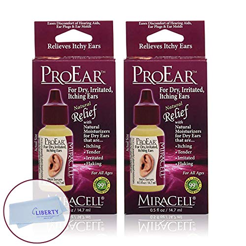 MiraCell ProEar - for Dry Itchy Ear Relief (2 Pack of .5oz Ear Drops) with Liberty Cleaning Cloth