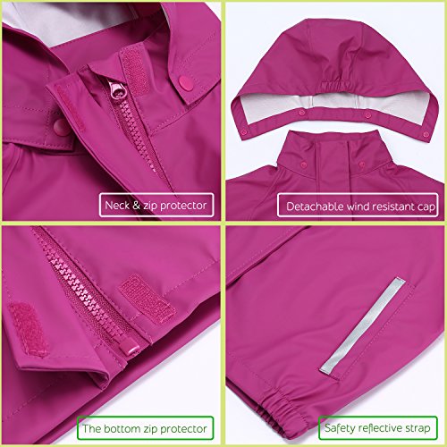Andake Kids Rain Suit, Waterproof Rain Jacket and Bib Overall (Pink, M (6-7Y)) - Thumbnail 4