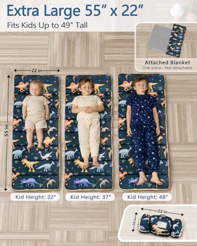 Primlect Toddler Nap Mat with Pillow, Thickened Extra Large Sleeping Bag | 55''x35'' Sleeping Mat with Blanket, Washable, Roll up, Perfect for Daycare, Preschool, Kindergarten, Boys and Girls