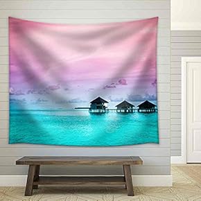 Over Water Bungalows with Steps into Amazing Green Lagoon - Fabric Wall Tapestry Home Decor - 51x60 inches