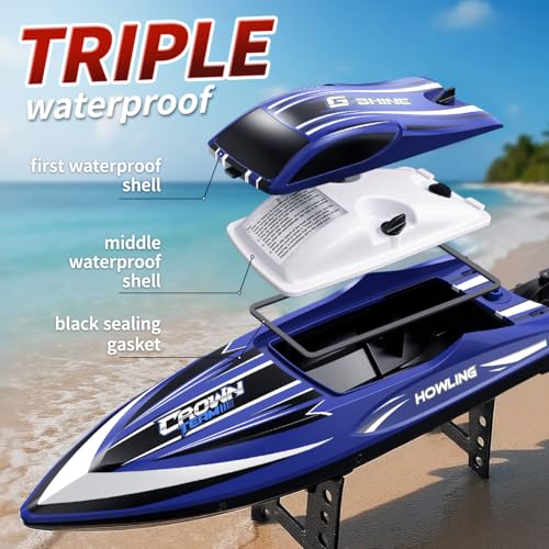 35km/h Waterproof 2.4GHz RC Boat with LED and Flip Function, Water Cooled, Dual Battery, Range and Battery Alarm, Ideal for Kids and Adults, Swimming Pool and Lake