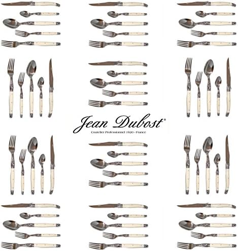 French LAGUIOLE Dubost - IVORY - Complete Flatware Set for 12 People (60 pcs) - In Heavier 25/10 Stainless Steel (Official White Color Laguiole Cutlery Setting - Direct From France)