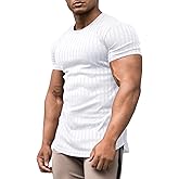 URRU Men's Muscle T Shirts Stretch Short Sleeve Bodybuilding Workout Casual Slim Fit Tee Shirts