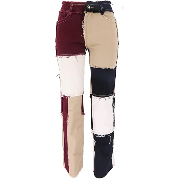 【新品タグ付】patchwork volume pants【完売品】 THUNDER STAR Womens Patchwork Straight Leg Jeans Mid Rise