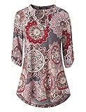 Zattcas Womens Floral Printed Tunic Shirts 3/4 Roll Sleeve Notch Neck Tunic Top (Medium, Multi Gray)