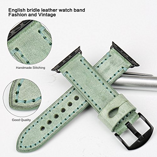 MAIKES Bridle Leather Watch Band Replacement for Apple Watch 44mm 40mm 42mm 38mm Series 4 3 2 1 iWatch Watchbands Compatible with Apple Watch Strap (38mm, Green+Black Buckle) - Thumbnail 4