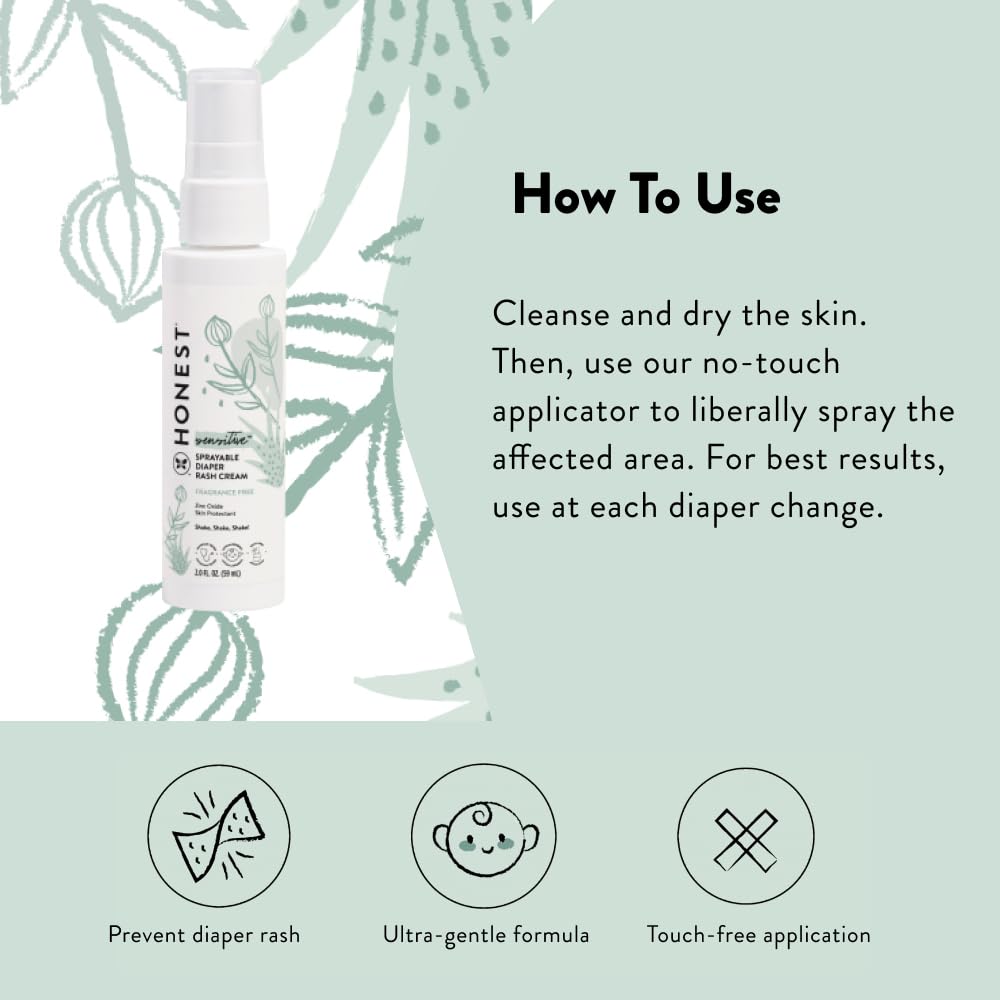 The Honest Company Baby Diaper Rash Cream Spray | Moisturizing + Calming Zinc Oxide | Hypoallergenic, Dermatologist Tested, Cruelty Free | 2 fl oz